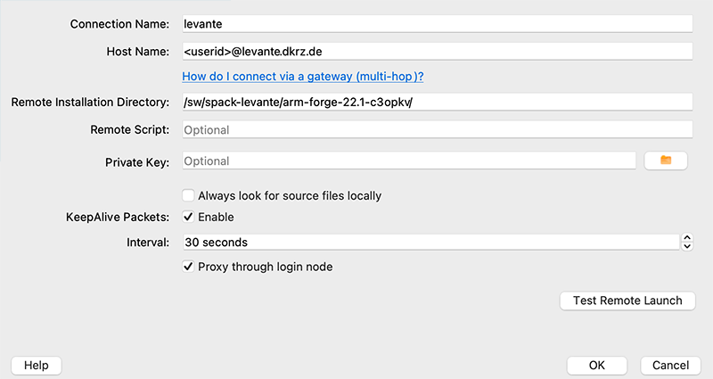 ddt remote launch settings to connect to a node on Levante