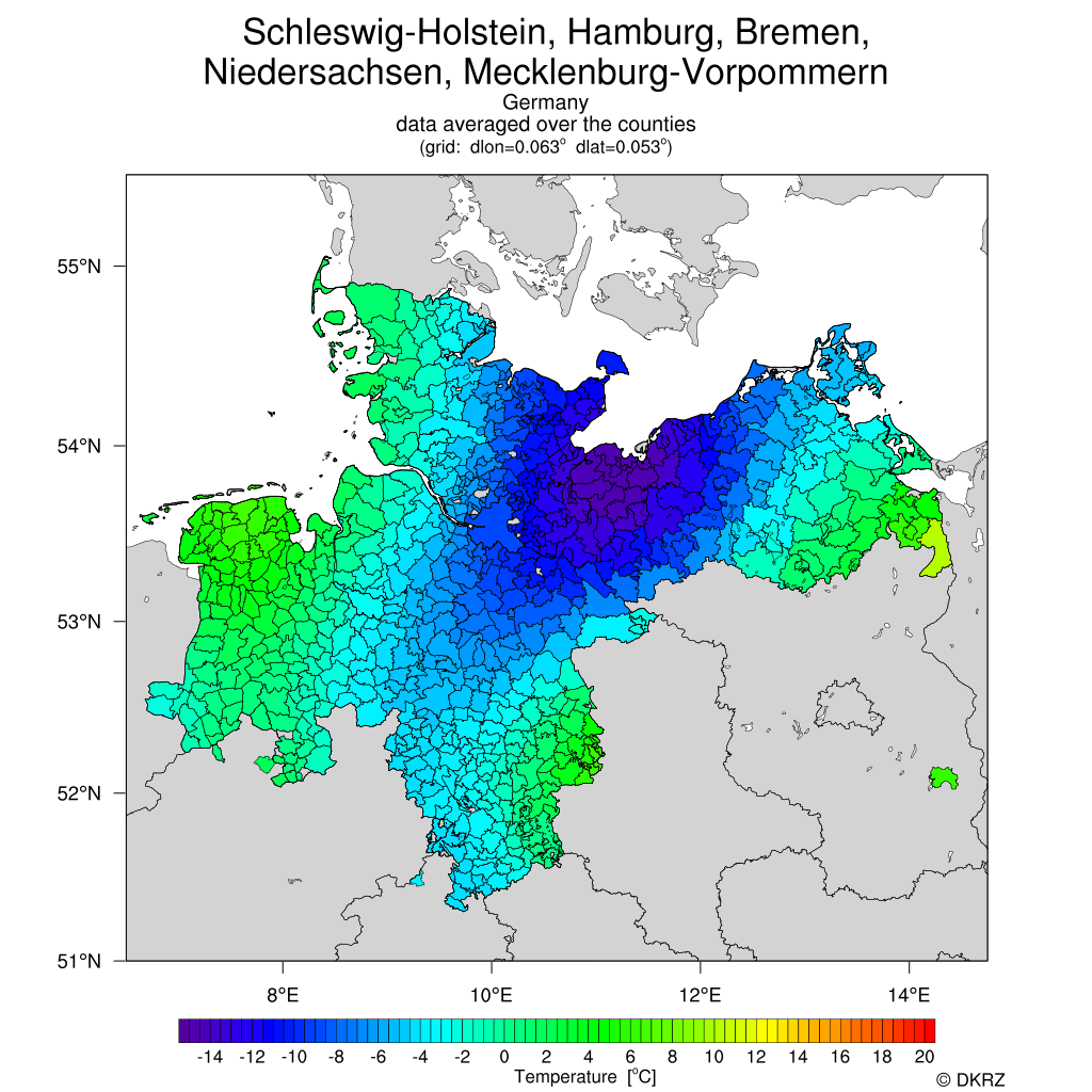 DKRZ NCL shapefile mean temperature change German coast example