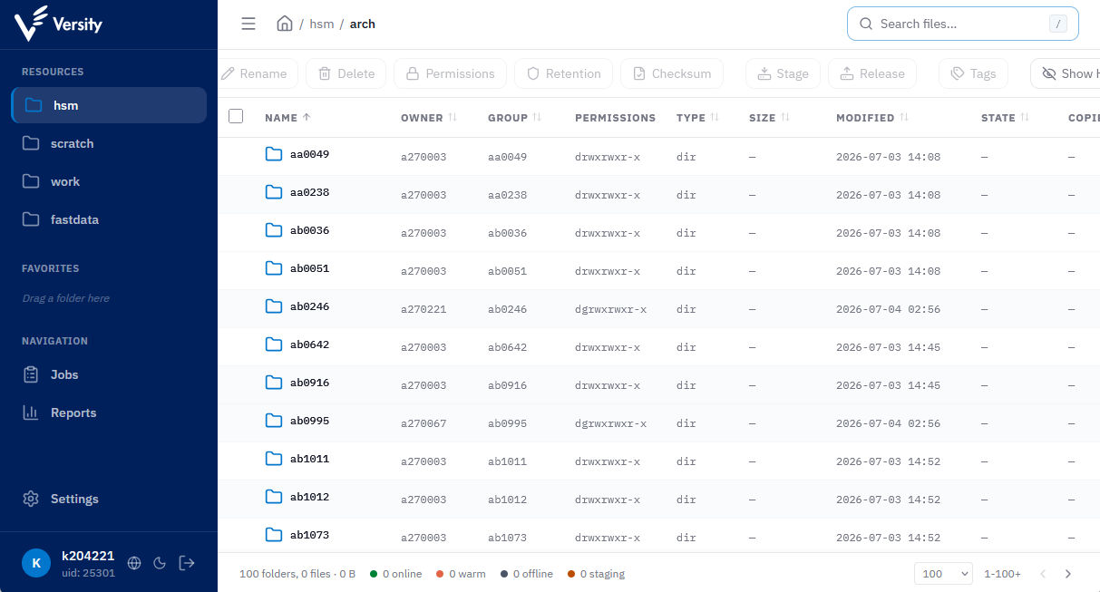 ATLAS WebGUI: file browser view with `hsm`